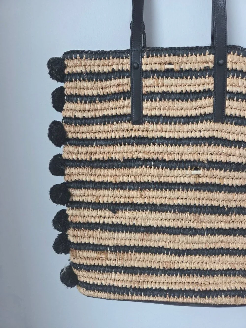 Loeffler Randall Striped Straw Tote Black Leather Straps & Tassel Pom-Pom Edges